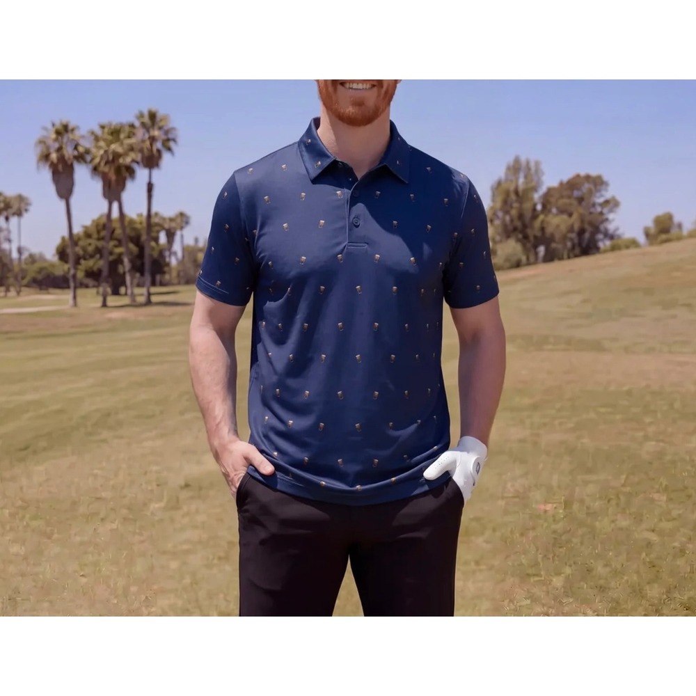 Golfbros Mens Navy Blue Beer Glass Print Performance Golf Polo Shirt Size L